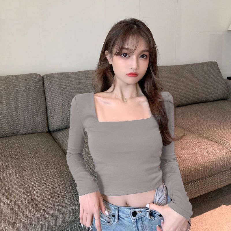 Pure cotton square collar high waist short bottoming shirt women 2022 spring and autumn design sense careful machine long-sleeved T-shirt chic top