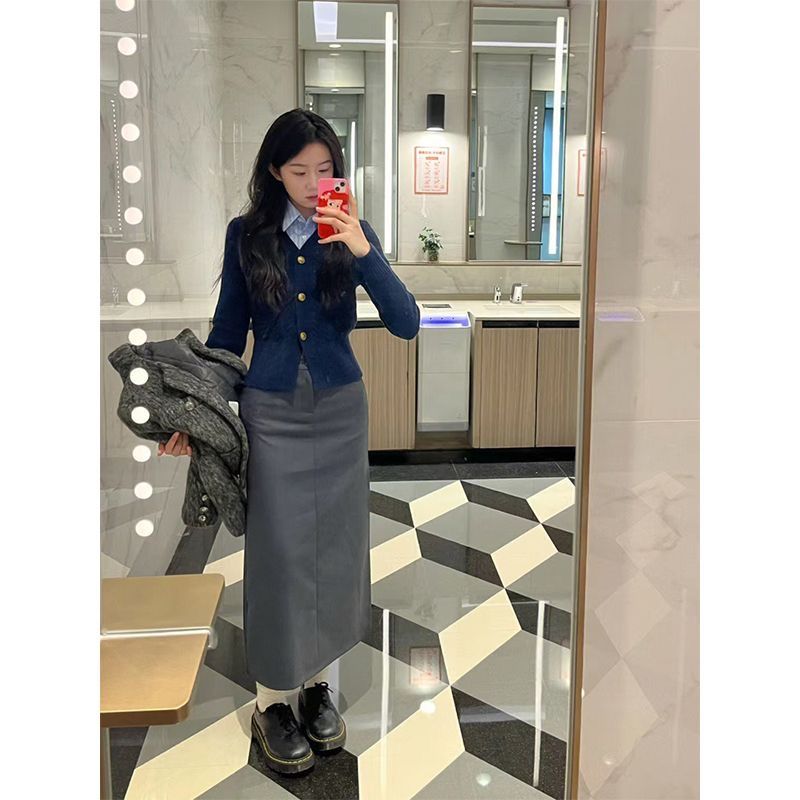套裝女2023春季學院風針織毛衣開衫外套條紋襯衫高腰顯瘦半身長裙