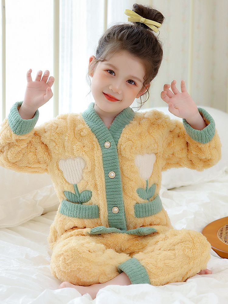 女童法兰绒睡衣秋冬季保暖儿童珊瑚绒加厚款可爱女孩中大童家居服