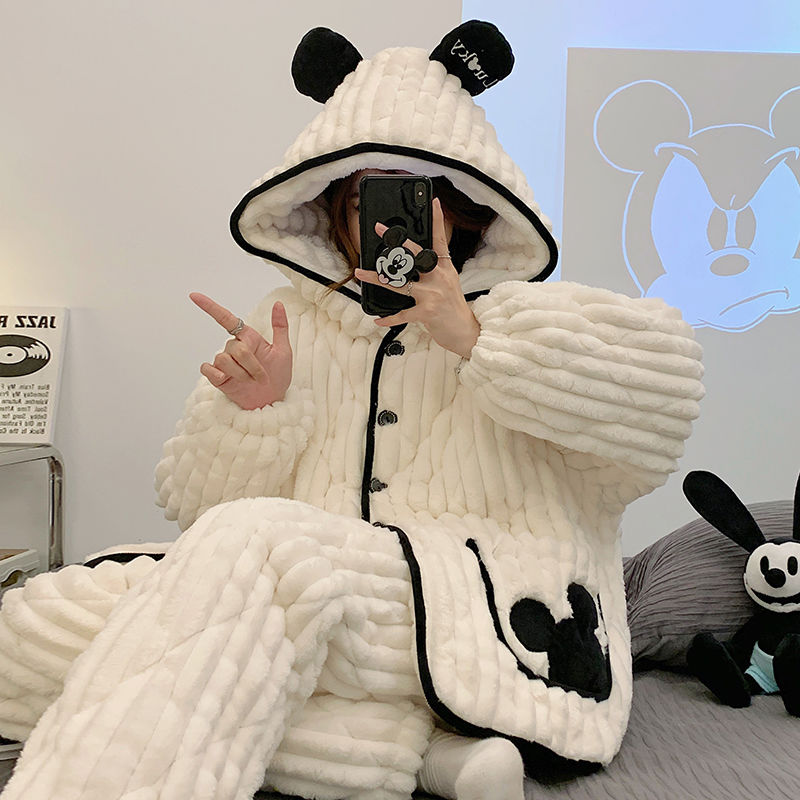 連帽珊瑚絨夾棉襖睡衣女款秋冬季三層加厚加絨冬款外穿家居服套裝