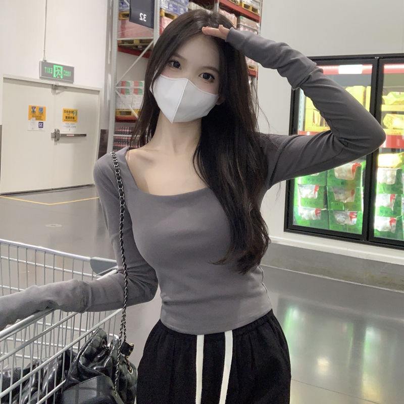 Pure cotton French short long-sleeved t-shirt women's autumn and winter with foreign style tops slim-fit square collar Korean version simple bottoming shirt