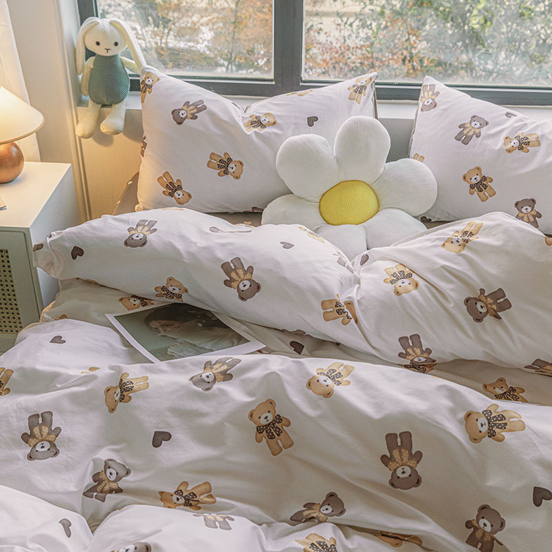 Nordic style Korean biscuit bear cartoon bedding four-piece set quilt cover bed sheet student dormitory single three-piece set