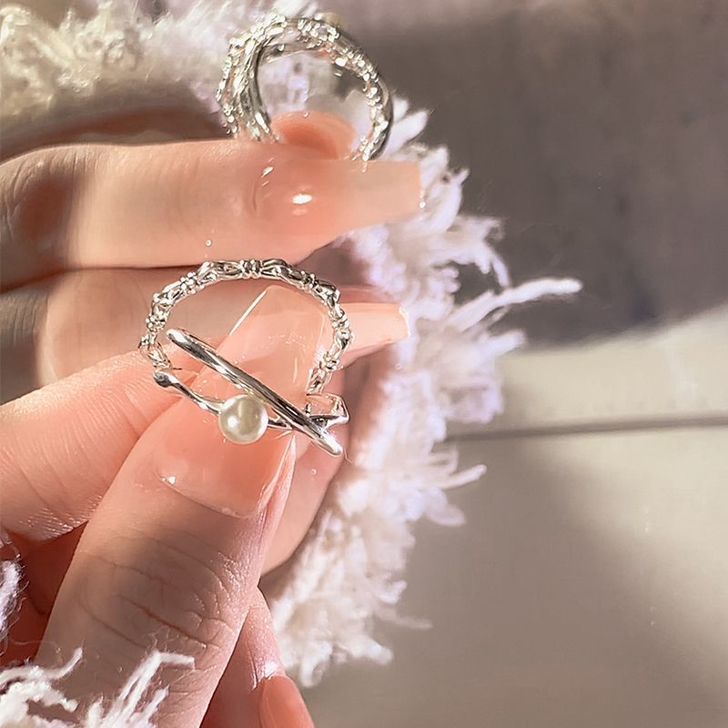 珍珠戒指女开口可调节ins小众高级冷淡风素圈对戒闺蜜叠戴食指戒