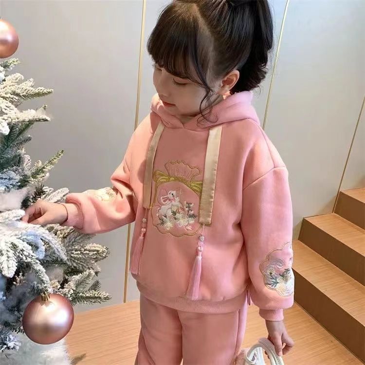 女童加绒套装秋冬装新款儿童中国风刺绣洋气宝宝加厚拜年服两件套