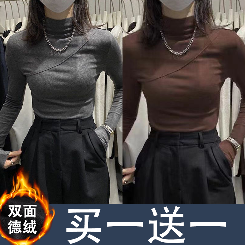 秋冬季韩版加绒纯色半高领长袖保暖打底衫显瘦百搭t恤女ins潮