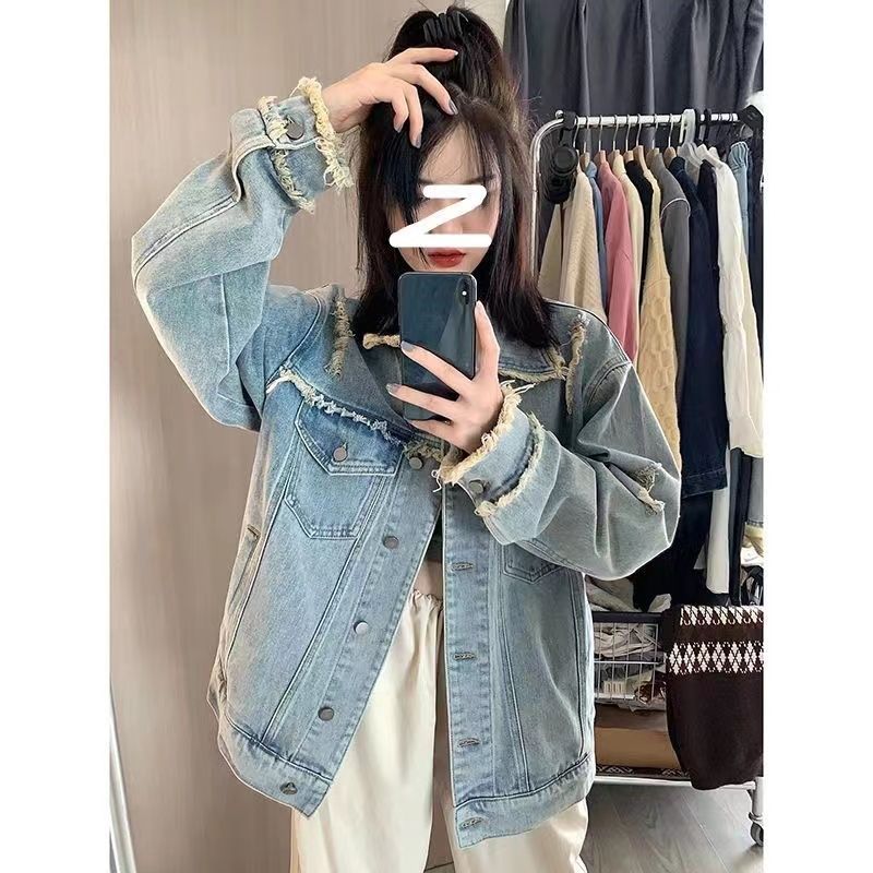  Spring New Retro Chic Tops Autumn Women's Clothes Loose Holes American Style Small Fragrance Denim Short Jacket