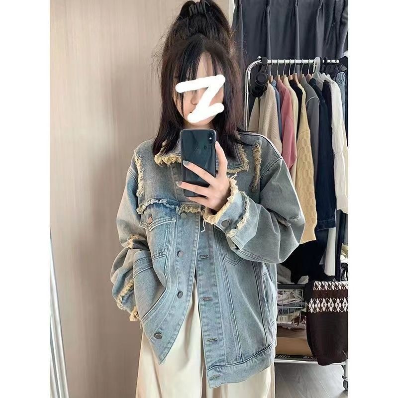 Retro raw edge do old denim jacket women's spring and autumn style design high-end fried street loose bf wind jacket tops