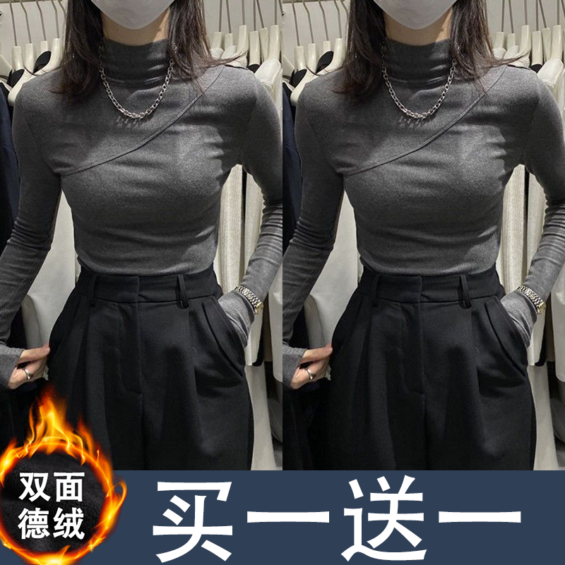 秋冬季韩版加绒纯色半高领长袖保暖打底衫显瘦百搭t恤女ins潮