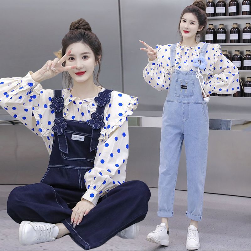 減齡牛仔背帶褲套裝女2023早春新款初中高中學生波點上衣兩件套潮