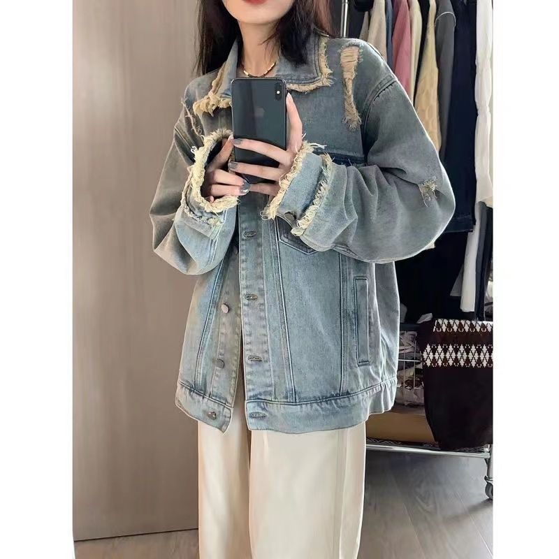 Retro raw edge do old denim jacket women's spring and autumn style design high-end fried street loose bf wind jacket tops