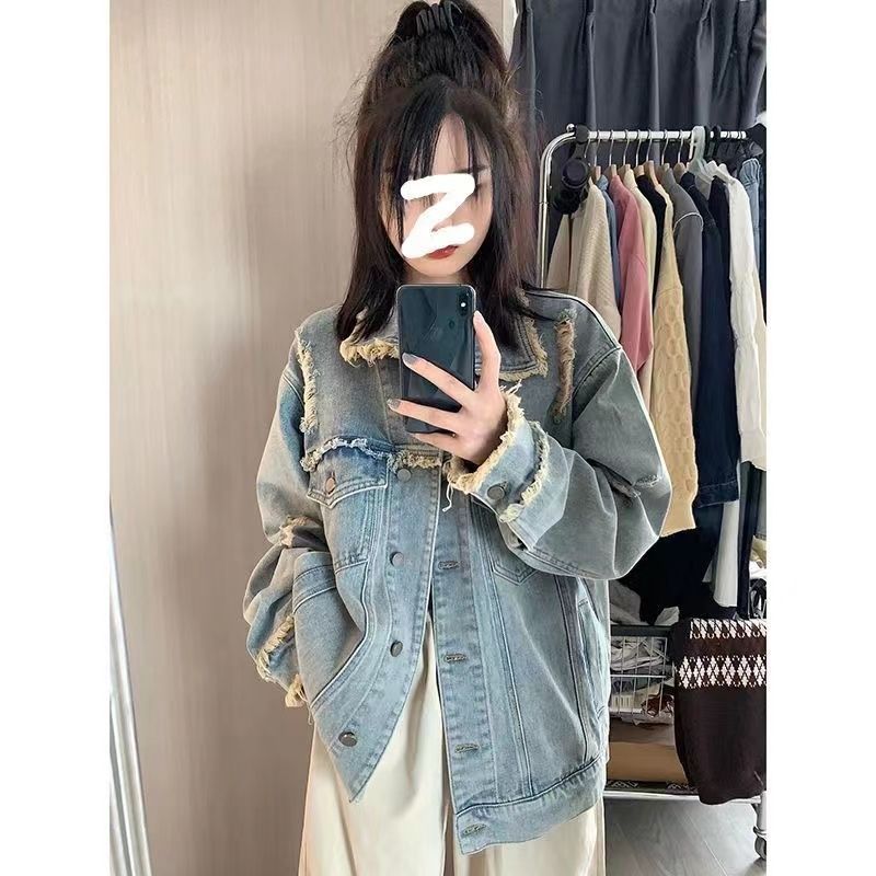 Retro raw edge do old denim jacket women's spring and autumn style design high-end fried street loose bf wind jacket tops