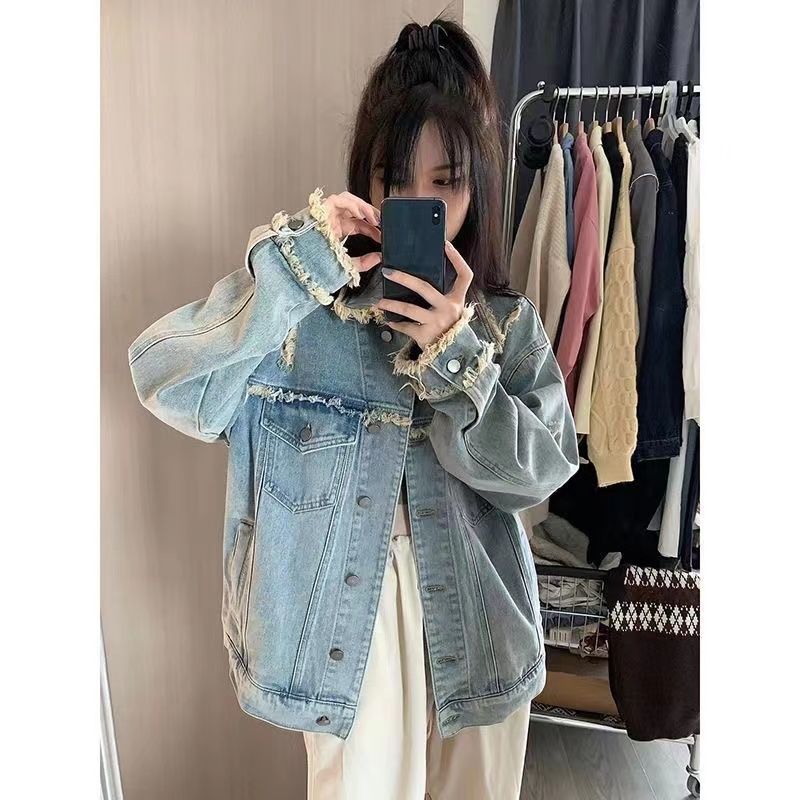 Retro raw edge do old denim jacket women's spring and autumn style design high-end fried street loose bf wind jacket tops