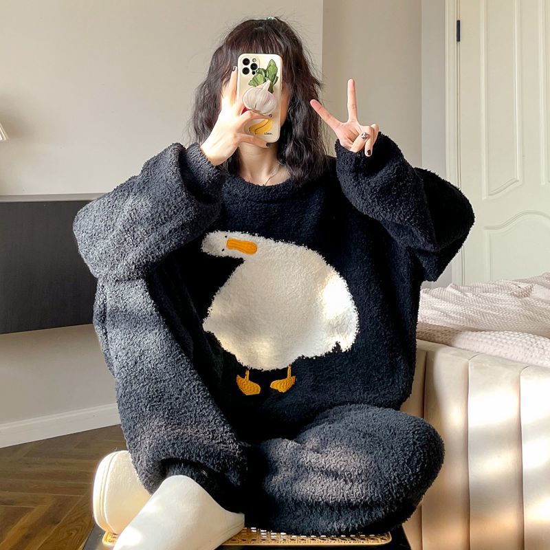 大碼300斤可愛鴨子珊瑚絨睡衣冬季加絨加厚情侶法蘭絨保暖家居服