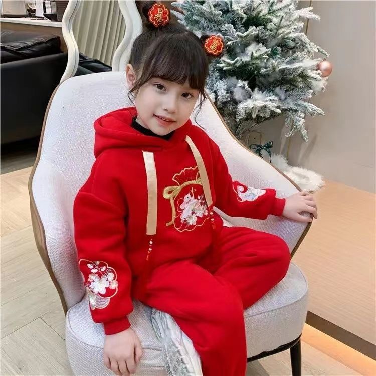 女童加绒套装秋冬装新款儿童中国风刺绣洋气宝宝加厚拜年服两件套