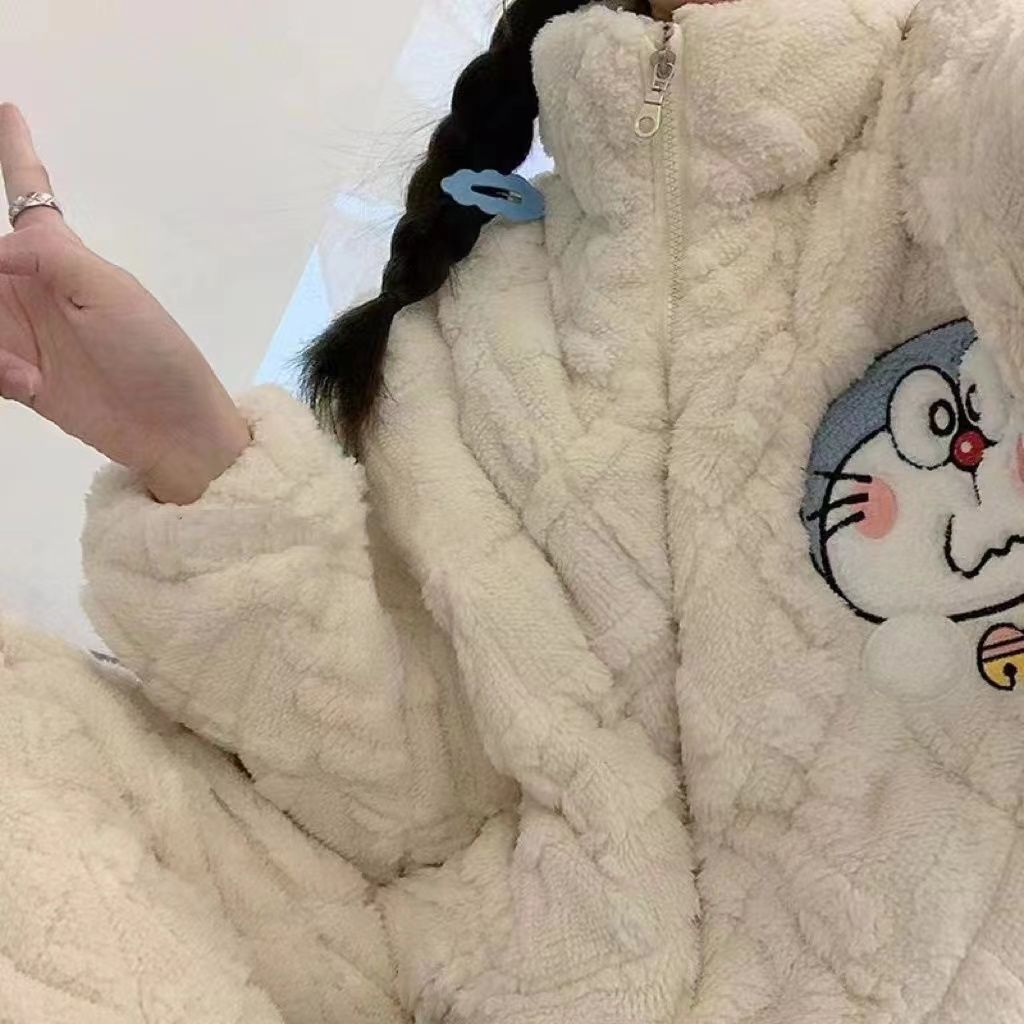 珊瑚絨三層夾棉襖睡衣加厚款女秋冬新款學生韓版ins風機器貓家居