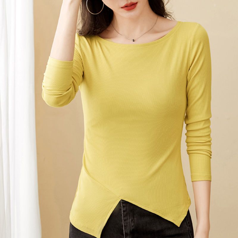 Long-sleeved t-shirt women's autumn 2023 new women's large round neck design sense irregular slit bottoming shirt top