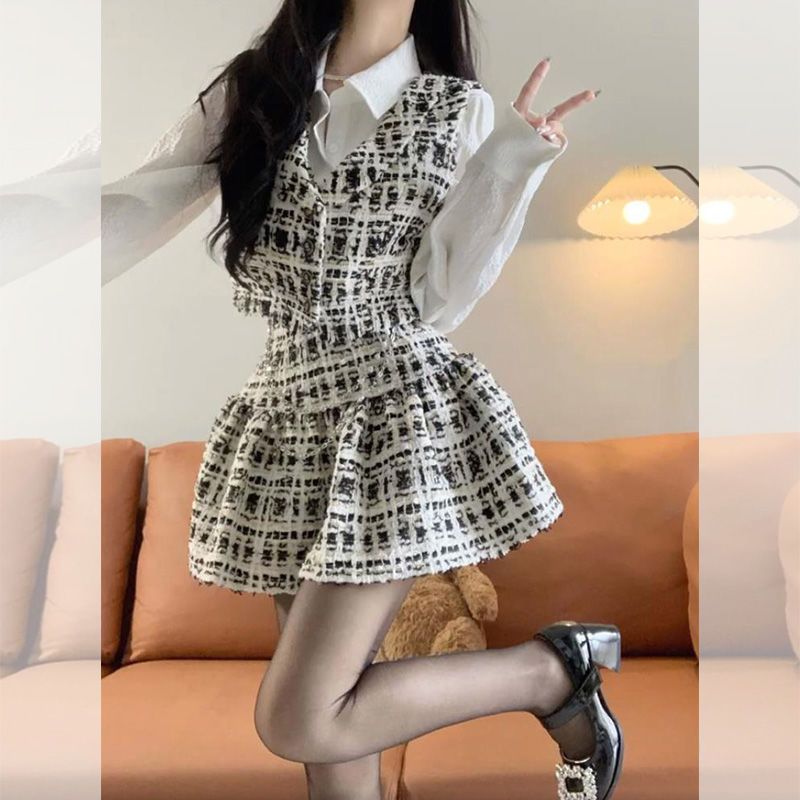 法式小香風時尚套裝裙女疊穿長袖襯衫馬甲背心蓬蓬半身裙子三件套