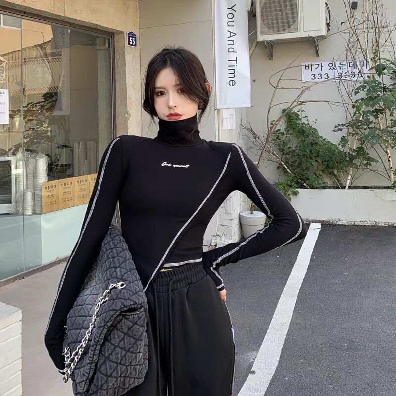 Spring and autumn new tight-fitting high-necked bottoming shirt ladies irregular short thin t-shirt piled collar inner top winter