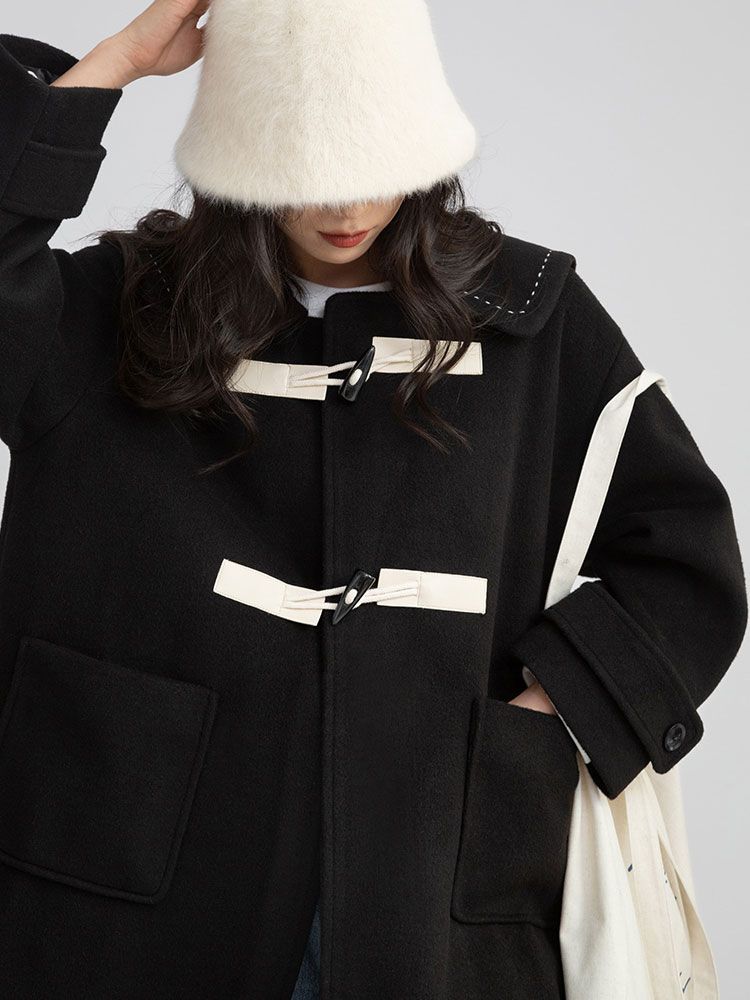 韩版设计感牛角扣海军领中长款毛呢外套女新款冬季ins风外套