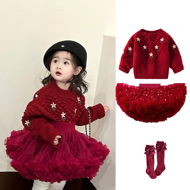 聖誕新年甜美可愛風冬季女童紅色愛心刺繡針織套頭毛衣tutu裙套裝