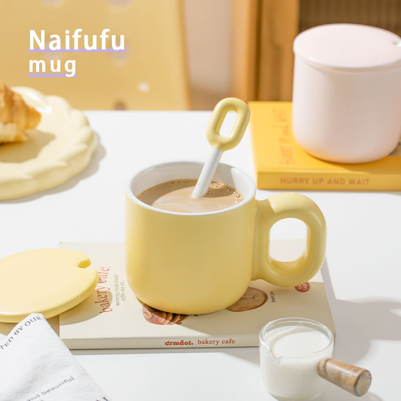 奶fufu小众马克杯女ins可爱陶瓷杯子带盖勺男情侣咖啡早餐杯家用