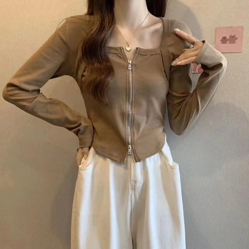 春秋新款大碼胖mm長袖T恤設計感雙頭拉鏈慵懶風早秋打底衫女上衣