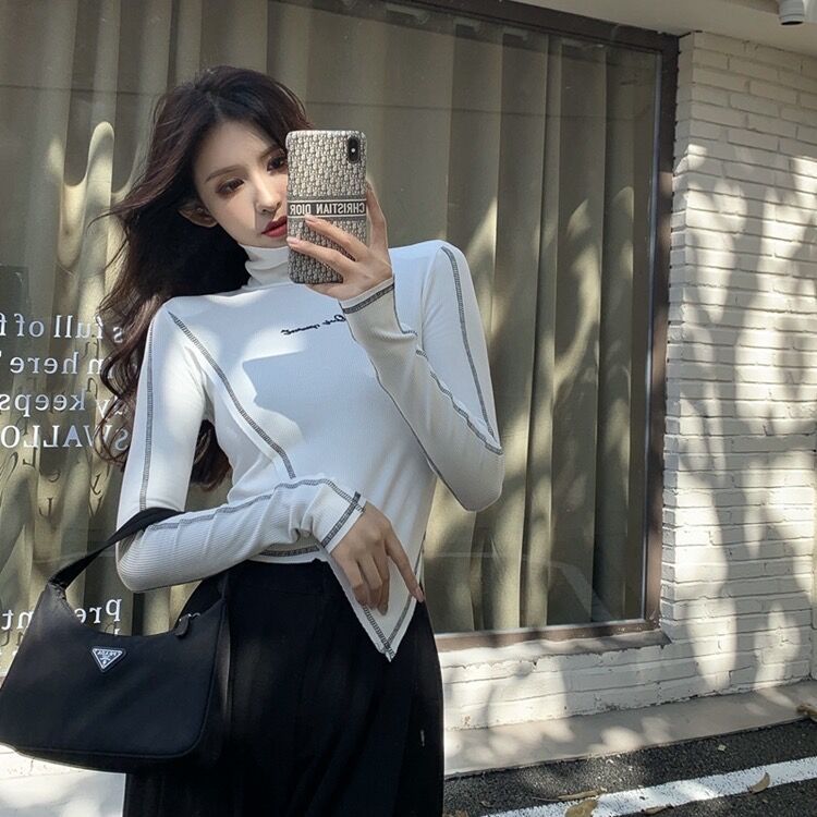 Spring and autumn new tight-fitting high-necked bottoming shirt ladies irregular short thin t-shirt piled collar inner top winter