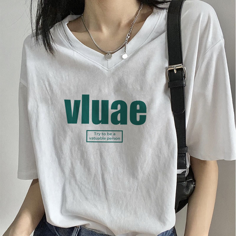 純棉短袖女2023新款夏季女生短袖衫V領寬鬆白色t恤女裝學生上衣潮