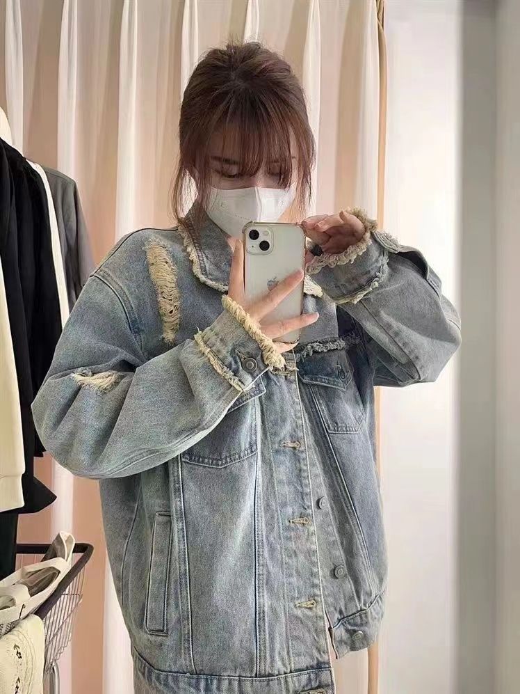 Spring  new retro chic top autumn women's clothing loose hole American style small fragrance denim short coat