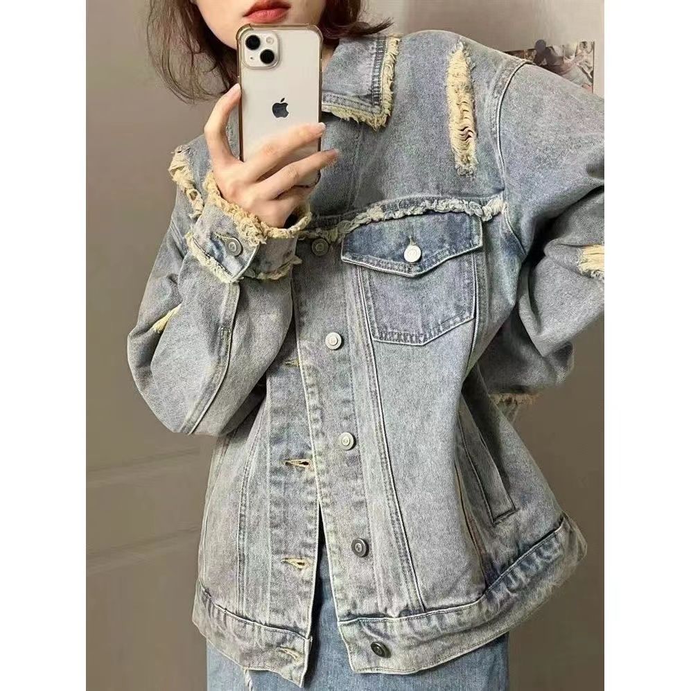 Spring  new retro chic top autumn women's clothing loose hole American style small fragrance denim short coat