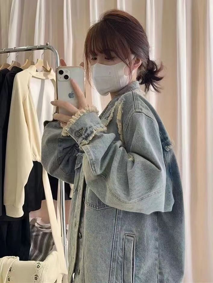 Spring  new retro chic top autumn women's clothing loose hole American style small fragrance denim short coat