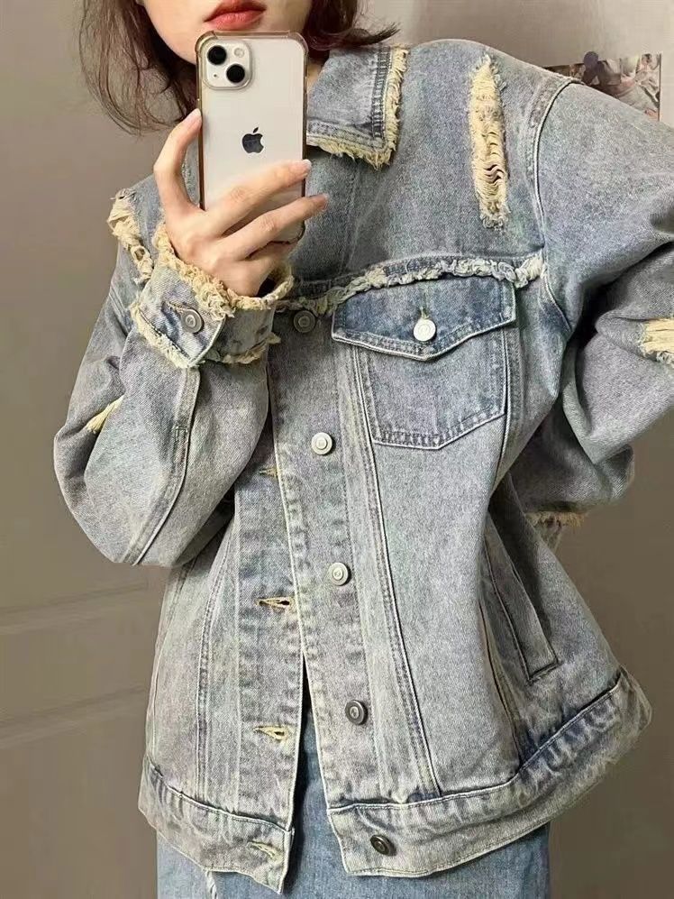 Spring  new retro chic top autumn women's clothing loose hole American style small fragrance denim short coat