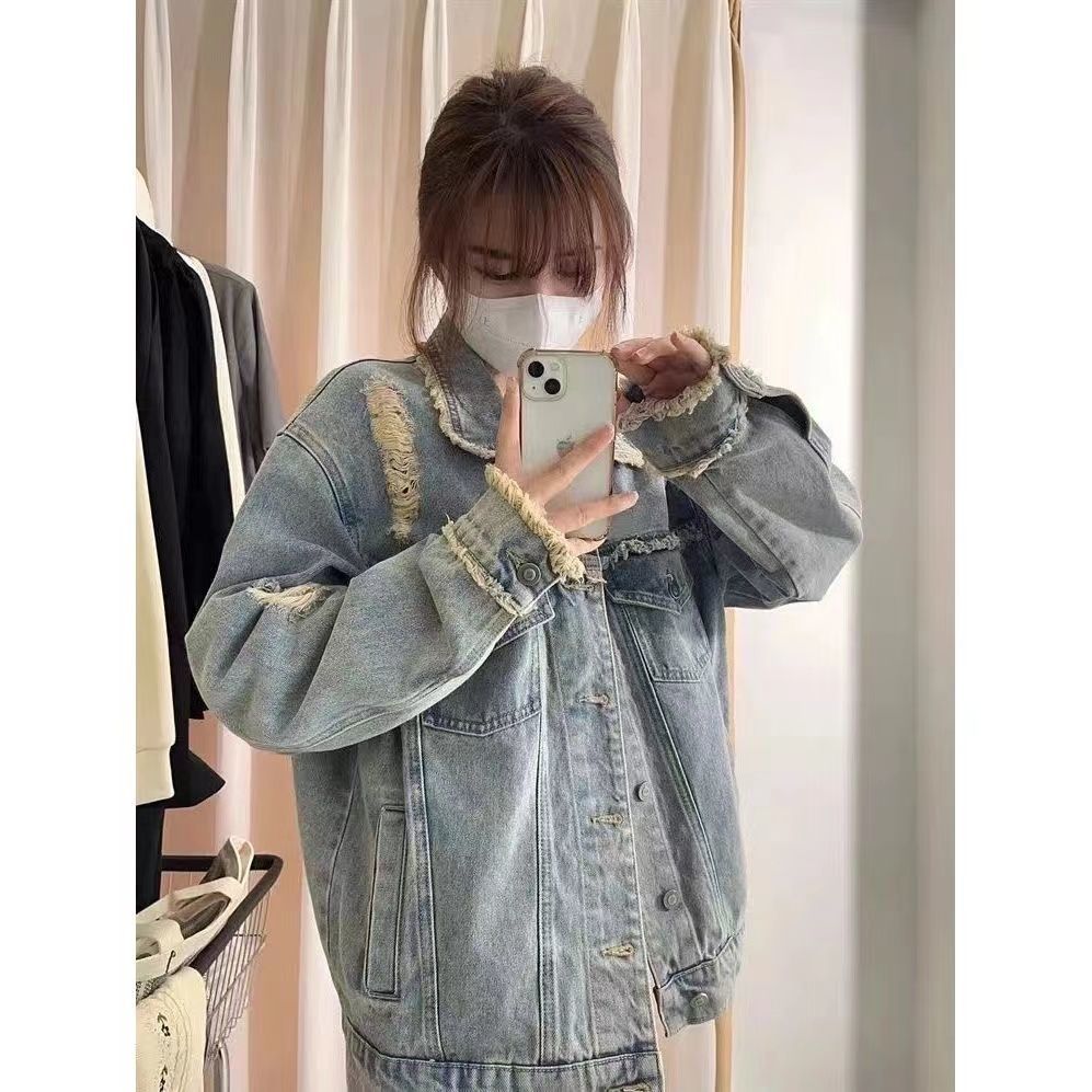 Spring  new retro chic top autumn women's clothing loose hole American style small fragrance denim short coat