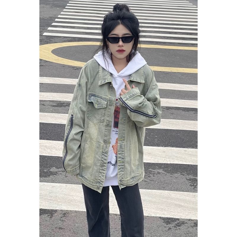 American retro washed old denim jacket women's autumn and winter European and American high street loose design niche jacket tops