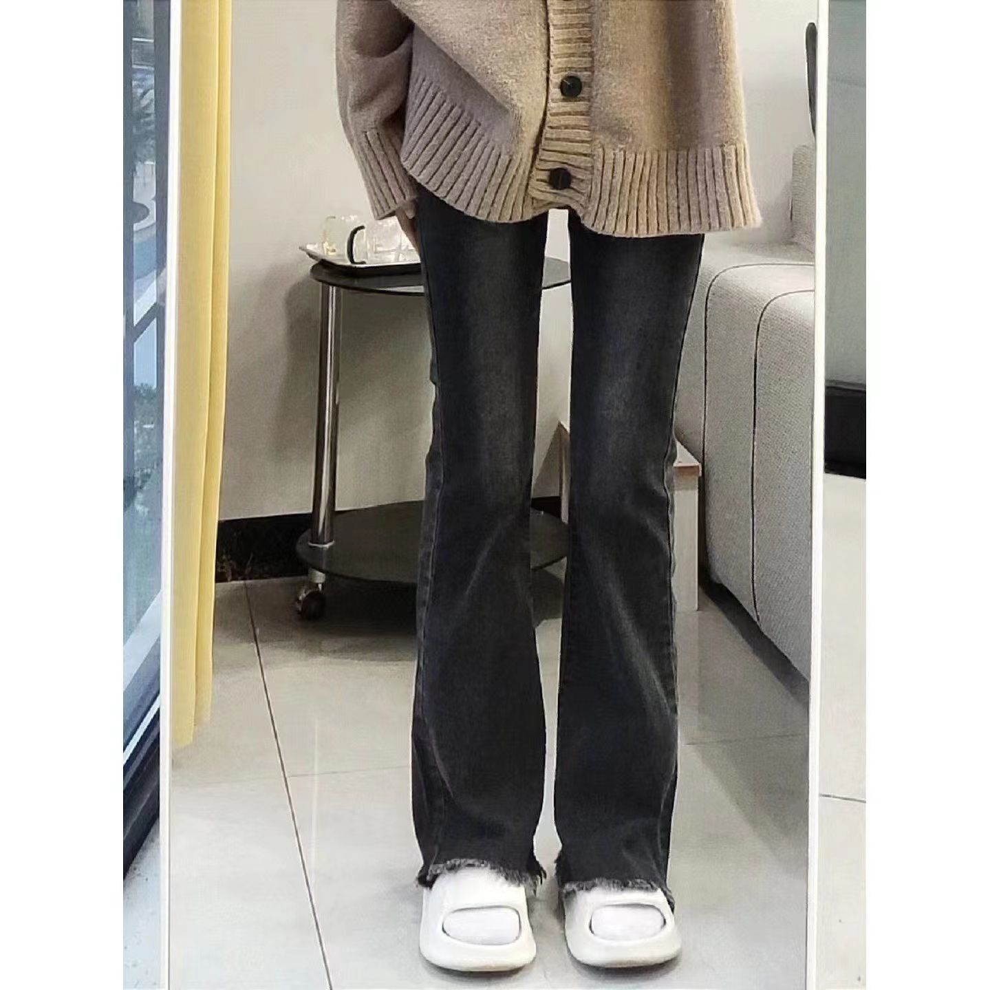 黑灰毛邊微喇叭牛仔褲女2023新款大碼胖mm高腰顯瘦美式高街馬蹄褲