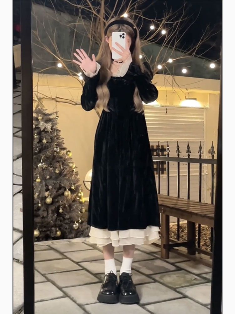 Xiaozi French style black velvet fake two-piece fluffy dress women's autumn and winter waist waist little black dress chic skirt