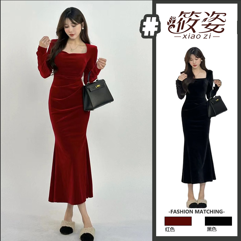 Xiaozi Red Velvet Dress New Year's T-shirt Chinese New Year Cheongsam Dress Mermaid Skirt Femininity Package Hip Square Neck