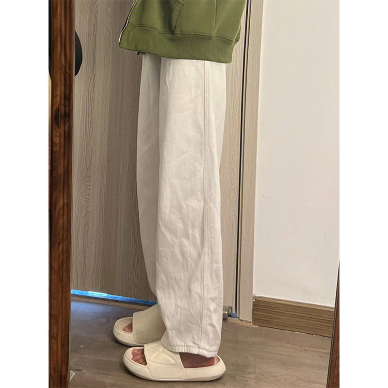 牛仔褲女春秋新款寬鬆大碼胖妹妹直筒白色高腰顯瘦闊腿老爹褲子潮