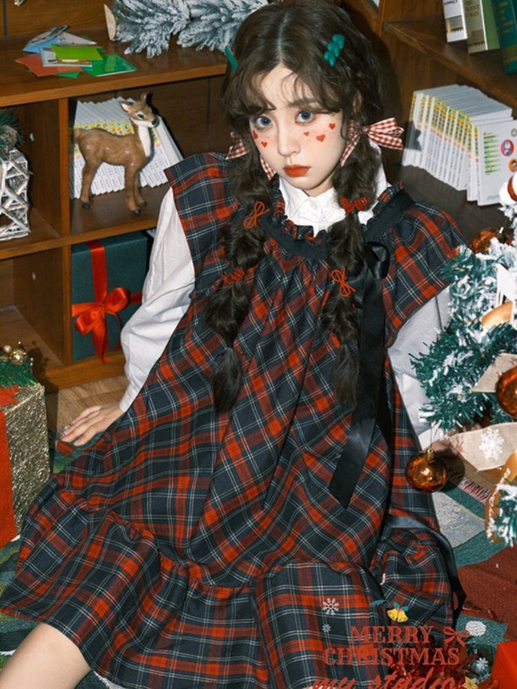 學院風甜美減齡小眾復古套裝女裙子聖誕紅格子連衣裙襯衫兩件套