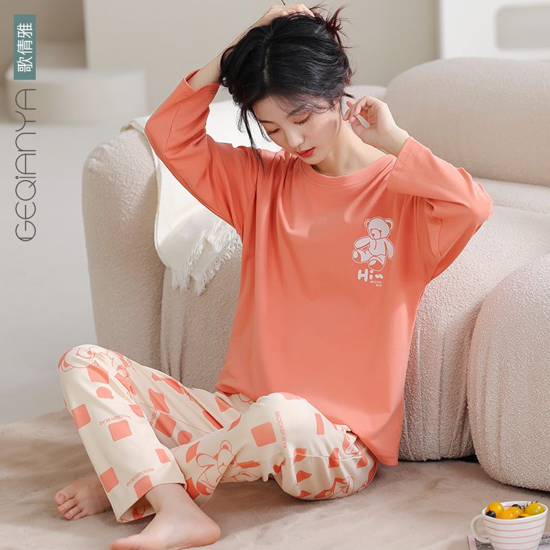 Geqianya 100% pure cotton pajamas women's spring and autumn winter long-sleeved casual home clothes ladies cotton bear suit