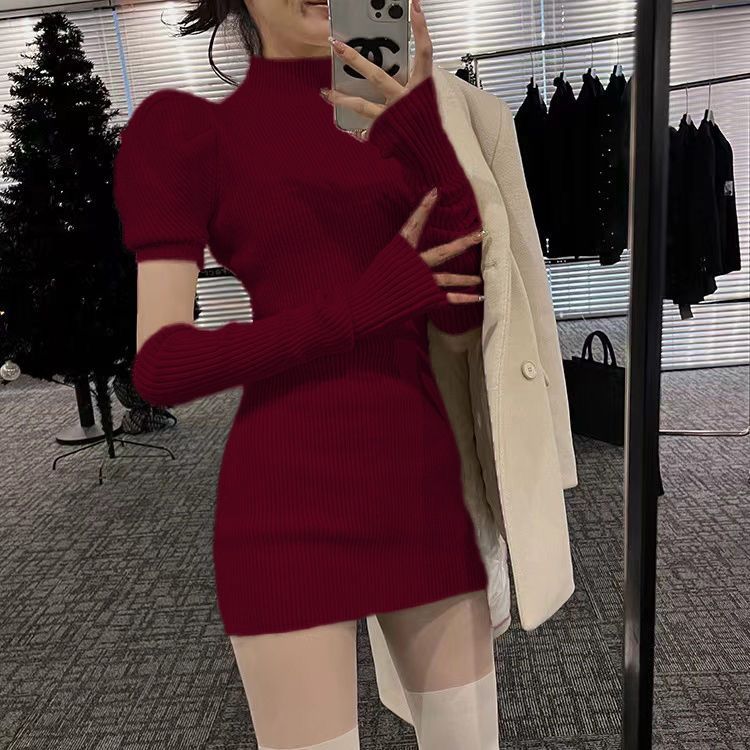 Autumn and winter New Year's shirt red knitted dress female puff sleeves with hot girl small bag hip stepmother skirt