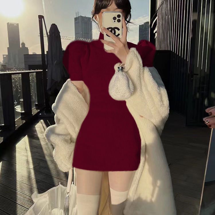 Autumn and winter New Year's shirt red knitted dress female puff sleeves with hot girl small bag hip stepmother skirt