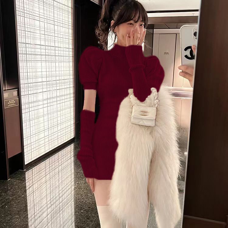 Autumn and winter New Year's shirt red knitted dress female puff sleeves with hot girl small bag hip stepmother skirt