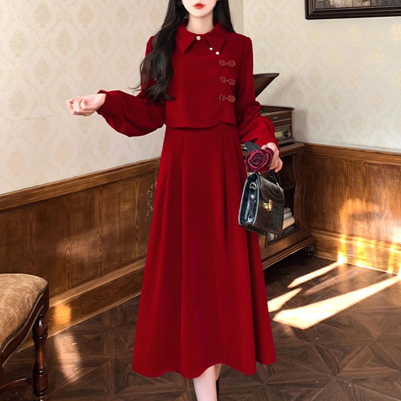 Pan buckle new medium and large size stylish red engagement New Year skirt for women spring and autumn large size fat mm fake two-piece dress for women