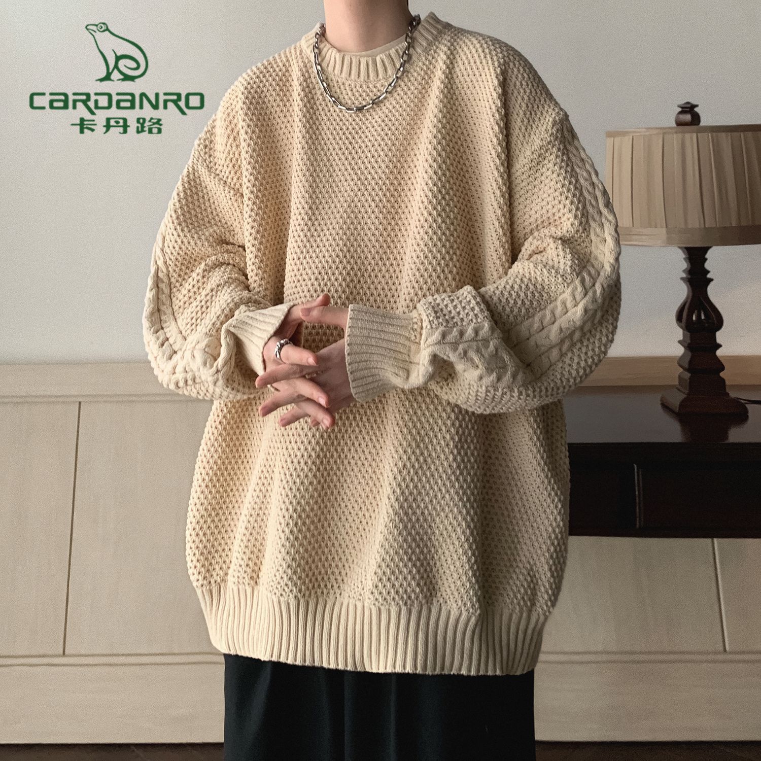 卡丹路毛衣男冬季美式高街潮牌宽松加厚套头针织衫小众设计感线衣