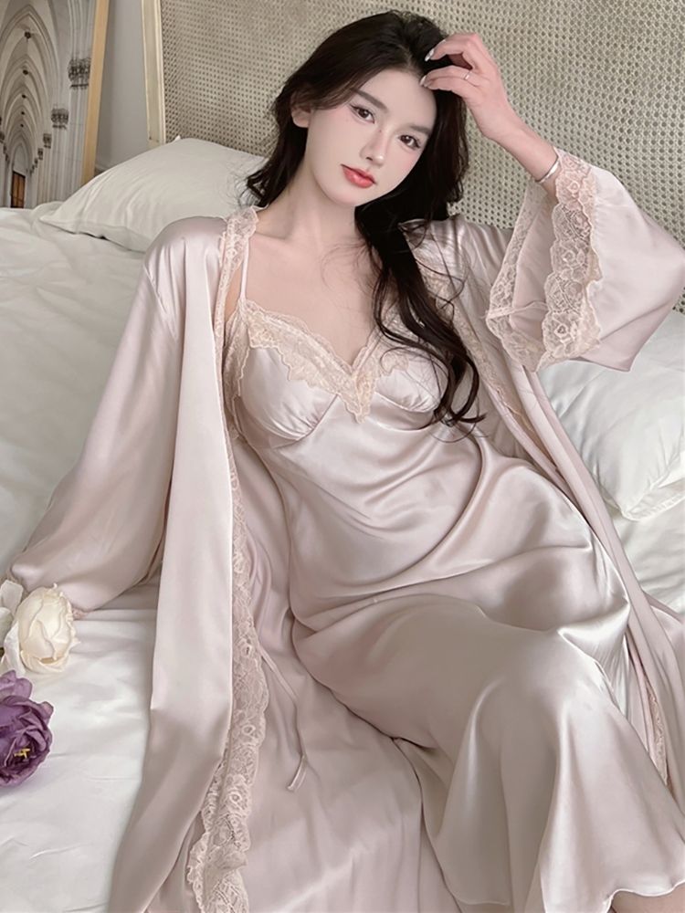 Large size 300 catties French lace imitation ice silk two-piece nightgown women's over-the-knee mid-length loose nightdress covering belly