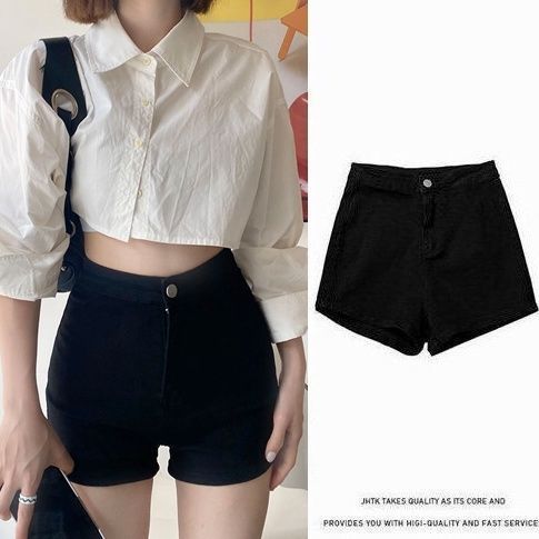 黑色牛仔短褲女2023春季新款高腰顯瘦彈力緊身包臀辣妹超短熱褲女