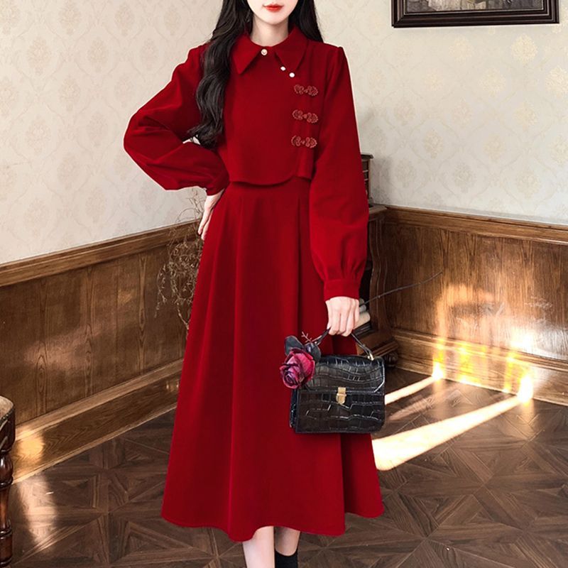 Pan buckle new medium and large size stylish red engagement New Year skirt for women spring and autumn large size fat mm fake two-piece dress for women