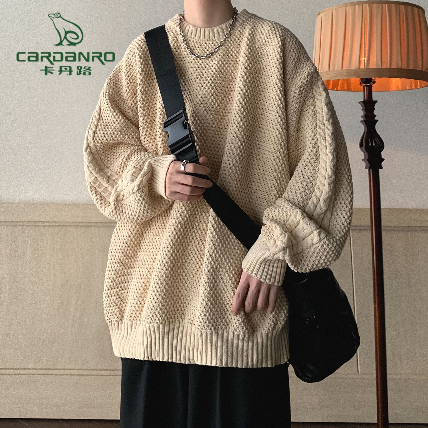 卡丹路毛衣男冬季美式高街潮牌宽松加厚套头针织衫小众设计感线衣