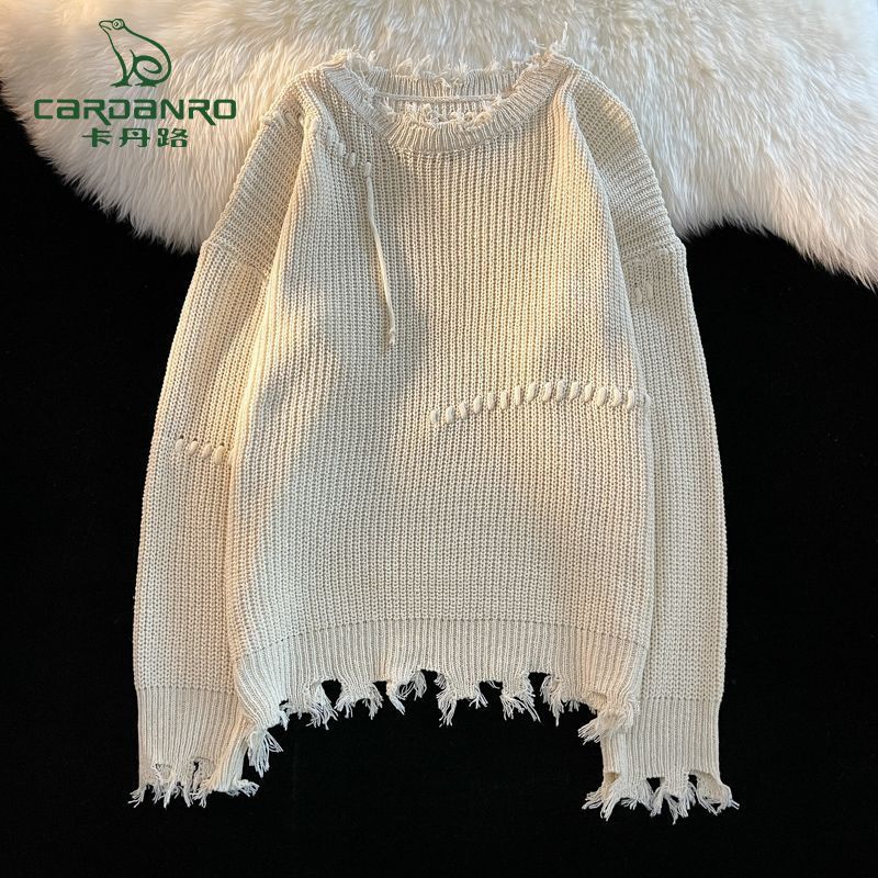 卡丹路设计感小众针织衫男女潮秋冬明线做旧破洞圆领针织毛衣